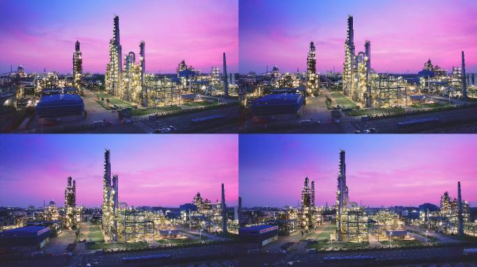 石油化工企业炼油厂夕阳下4k航拍