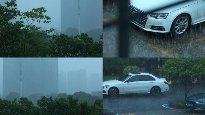 城市停车场下雨暴雨4K