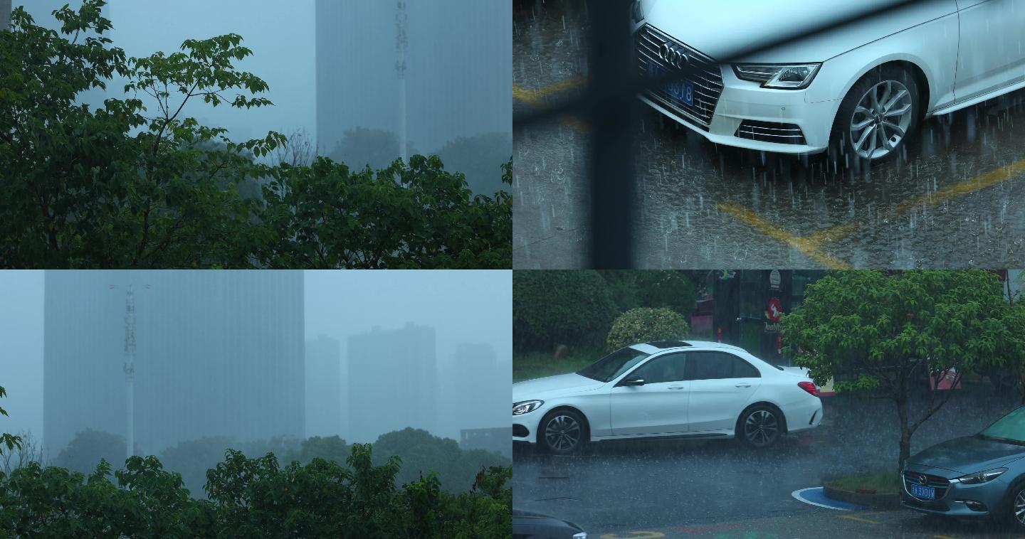 城市停车场下雨暴雨4K