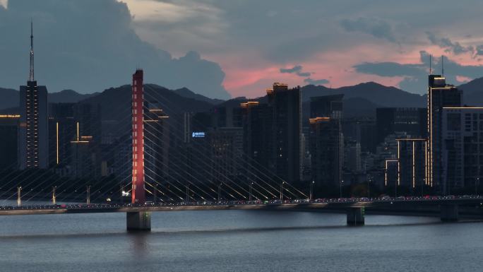 航拍杭州城市天际线夜景