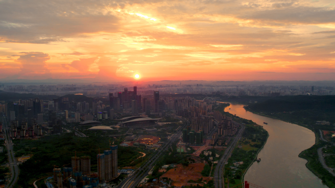 4K南宁航拍总部基地夕阳夜景邕江城市地标