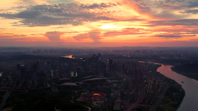 4K南宁航拍总部基地夕阳夜景邕江城市地标