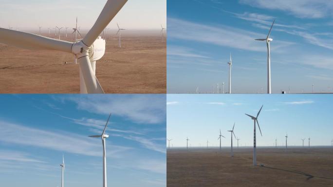大气蓝天风力发电航拍戈壁滩新能源