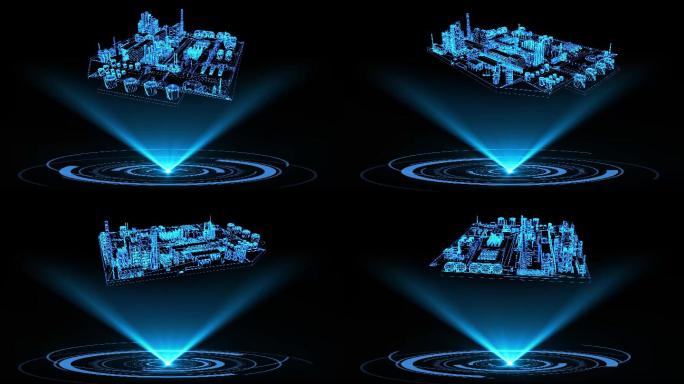 4K蓝色全息投影线框科技工厂城市带通道