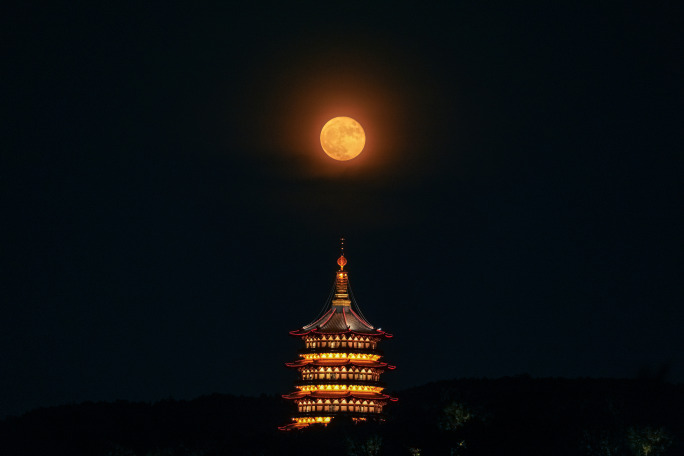 4K竖屏杭州雷峰塔超级月亮延时