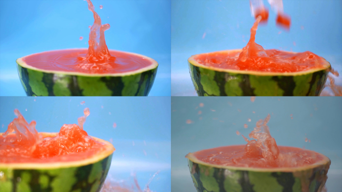 创意水果广告实拍冰块掉落西瓜汁升格慢动作