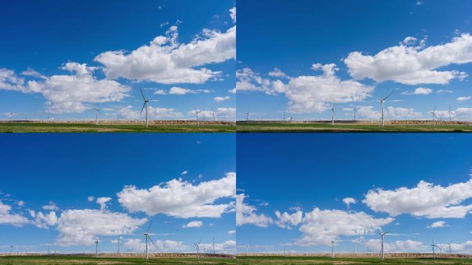 电力发电大风车和蓝天白云延时