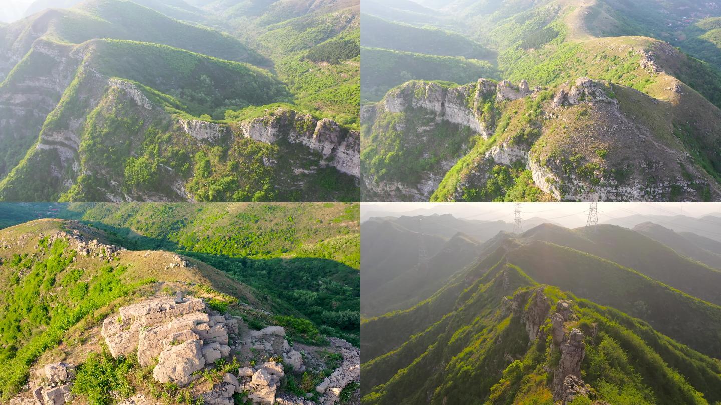 航拍章丘、博山、莱芜交界的霹雳尖山和界碑