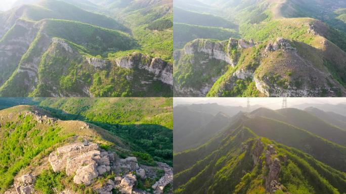 航拍章丘、博山、莱芜交界的霹雳尖山和界碑