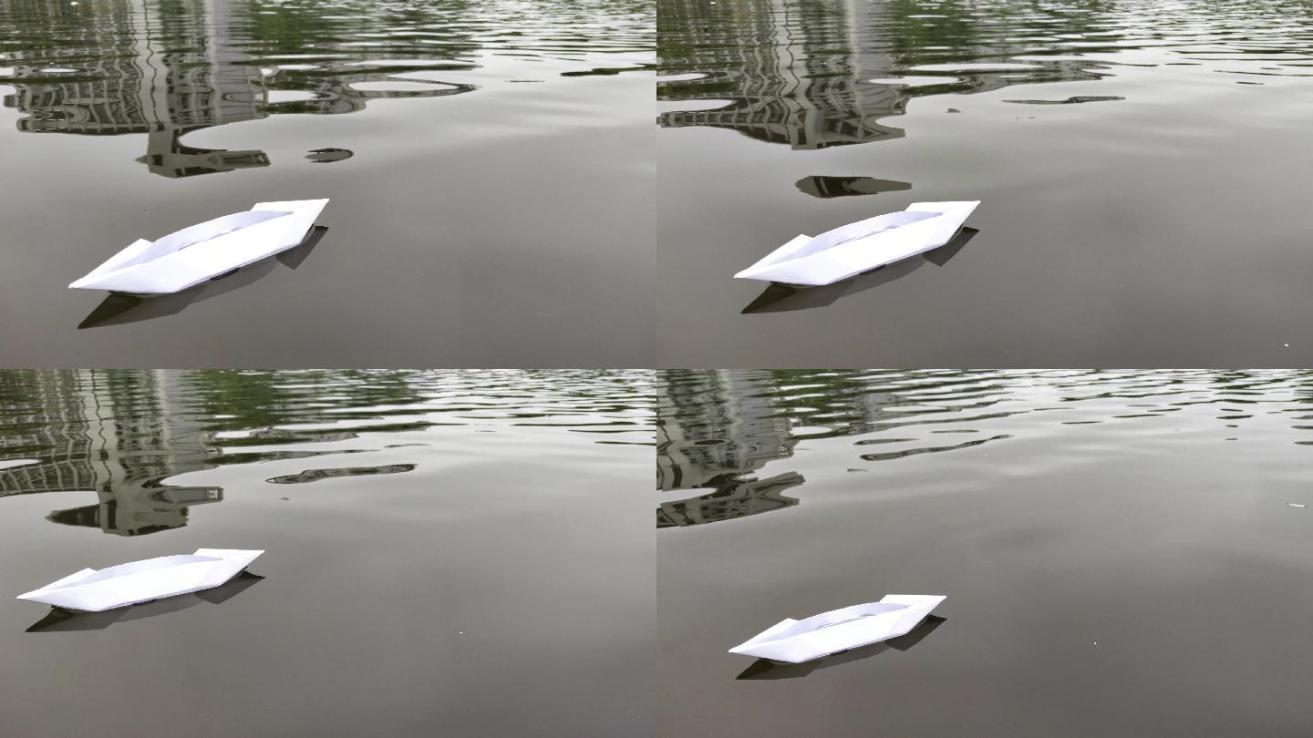 水面纸船漂浮空镜