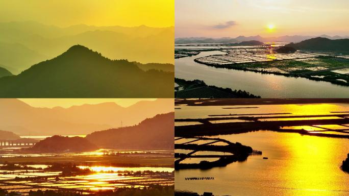 大气唯美日落江南山水田夕阳倒影航拍