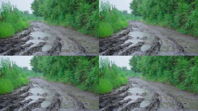 4k农村下雨天泥泞的道路积水