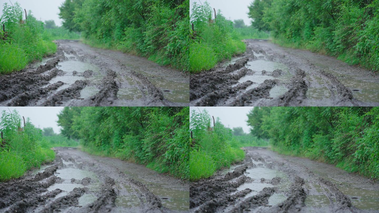 4k农村下雨天泥泞的道路积水