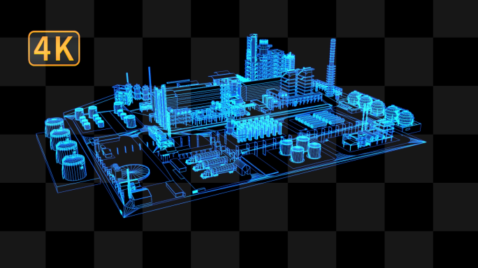 4K蓝色全息投影线框科技工厂城市带通道