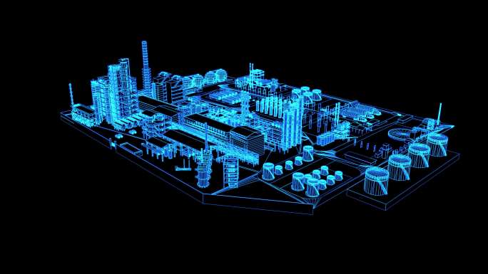 4K蓝色全息投影线框科技工厂城市带通道