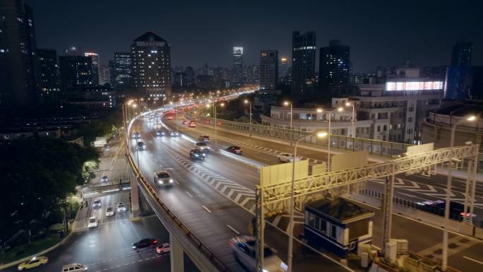 上海延安立交车流航拍夜景