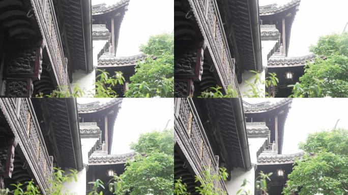 传统园林别墅建筑内木结构和屋檐
