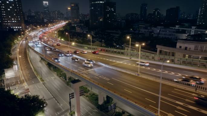 上海延安立交车流航拍夜景