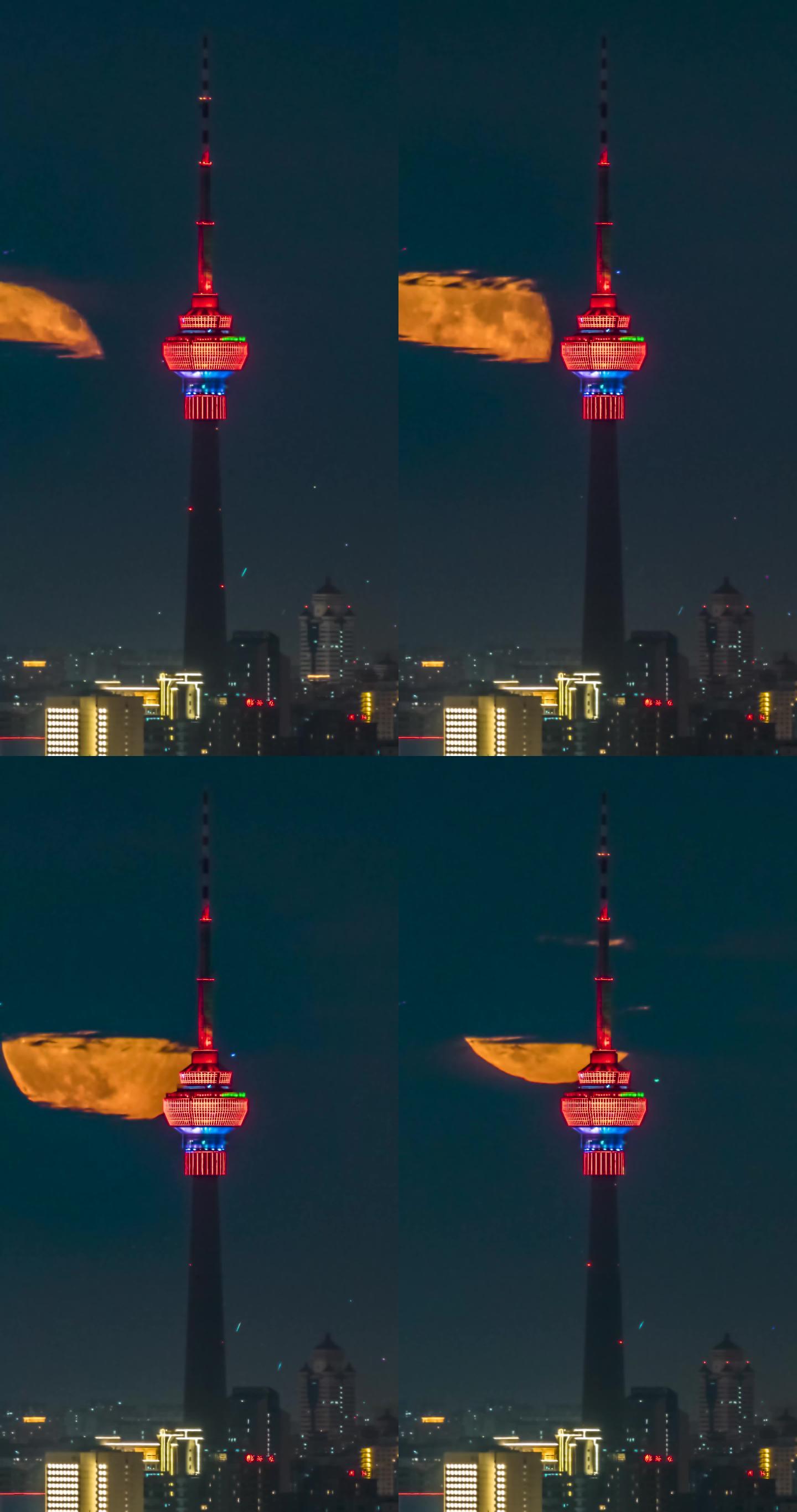 超级大月亮穿越电视塔延时摄影