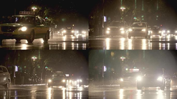 夜晚下雨-路面车流特写