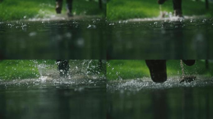 4K 雨中脚步奔跑踩水坑跑步