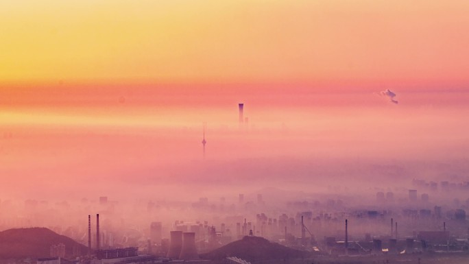 北京西山北京平流雾日出金光北京日出仙境