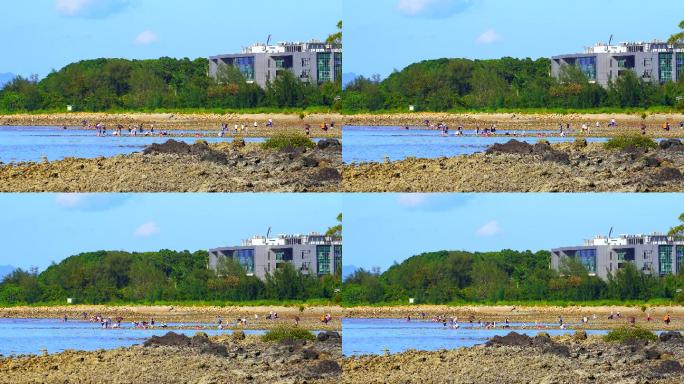 夏日午后坝光白沙湾海水退潮赶海的人们