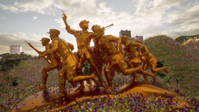 胜利前进钢铁长城花朵遍野英雄雕像大屏素材