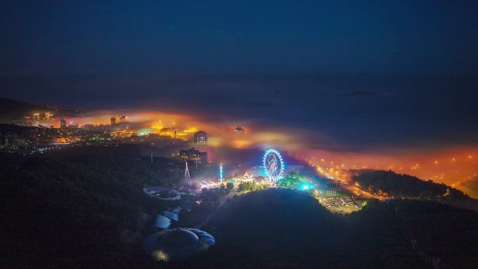 大连森林动物园游乐场平流雾夜景延时