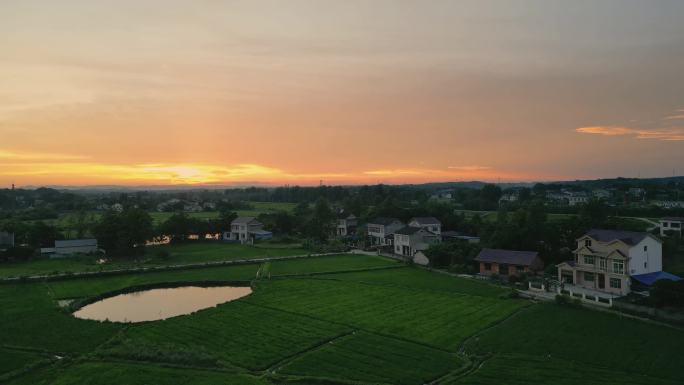 4K航拍夕阳下的田园，农村，夕阳汽车行驶