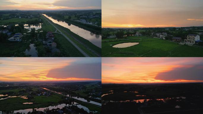 4K航拍夕阳下的田园，农村，夕阳汽车行驶