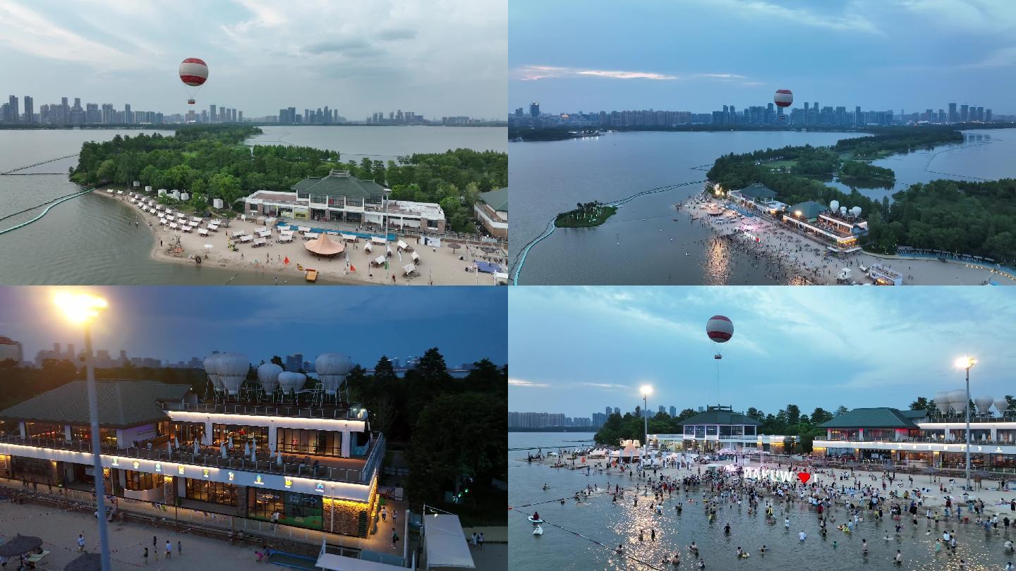 武汉东湖沙滩 绿道 热气球 人群游泳素材
