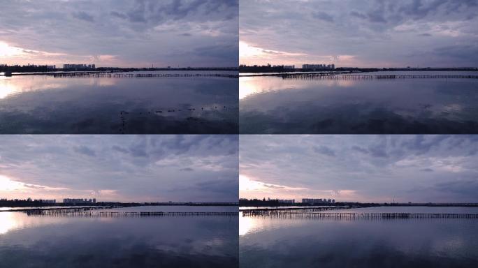 日落晚霞湖中倒影乡村自然风景