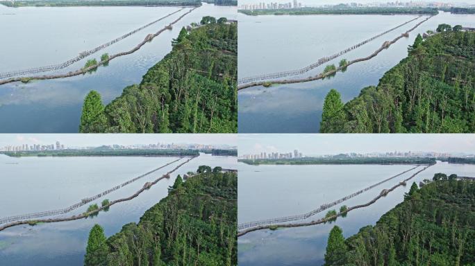 航拍湖景小桥流水自然风光生态环境