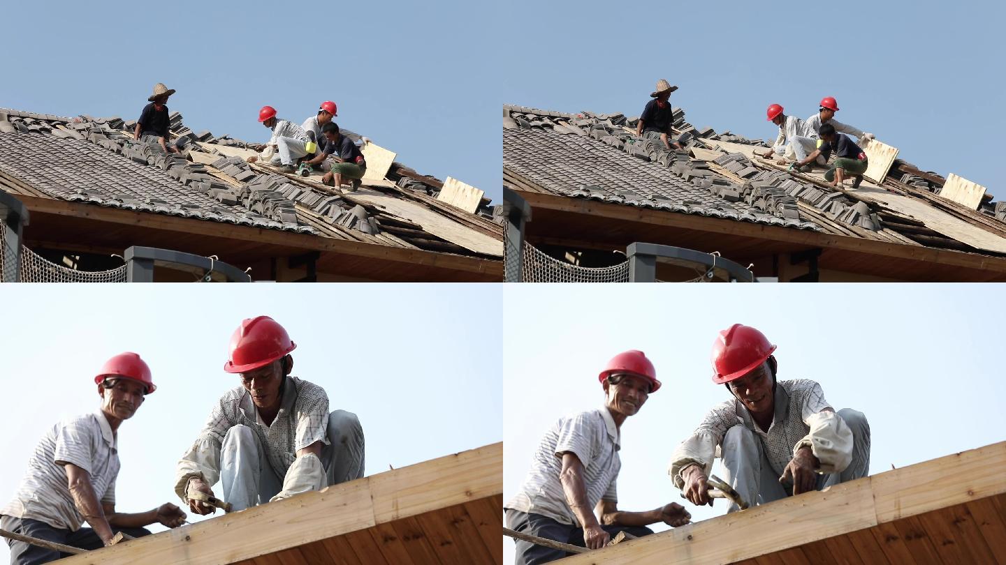 盖房子工人屋顶干活儿