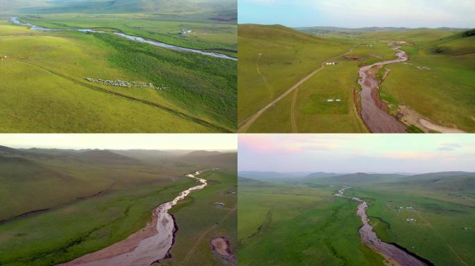 内蒙古大草原 羊群 河流 4k航拍素材
