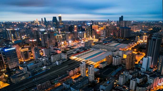 中国东北辽宁沈阳城市夜景航拍沈阳北站高铁