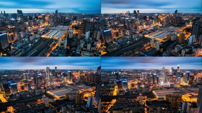 中国东北辽宁沈阳城市夜景航拍沈阳北站高铁