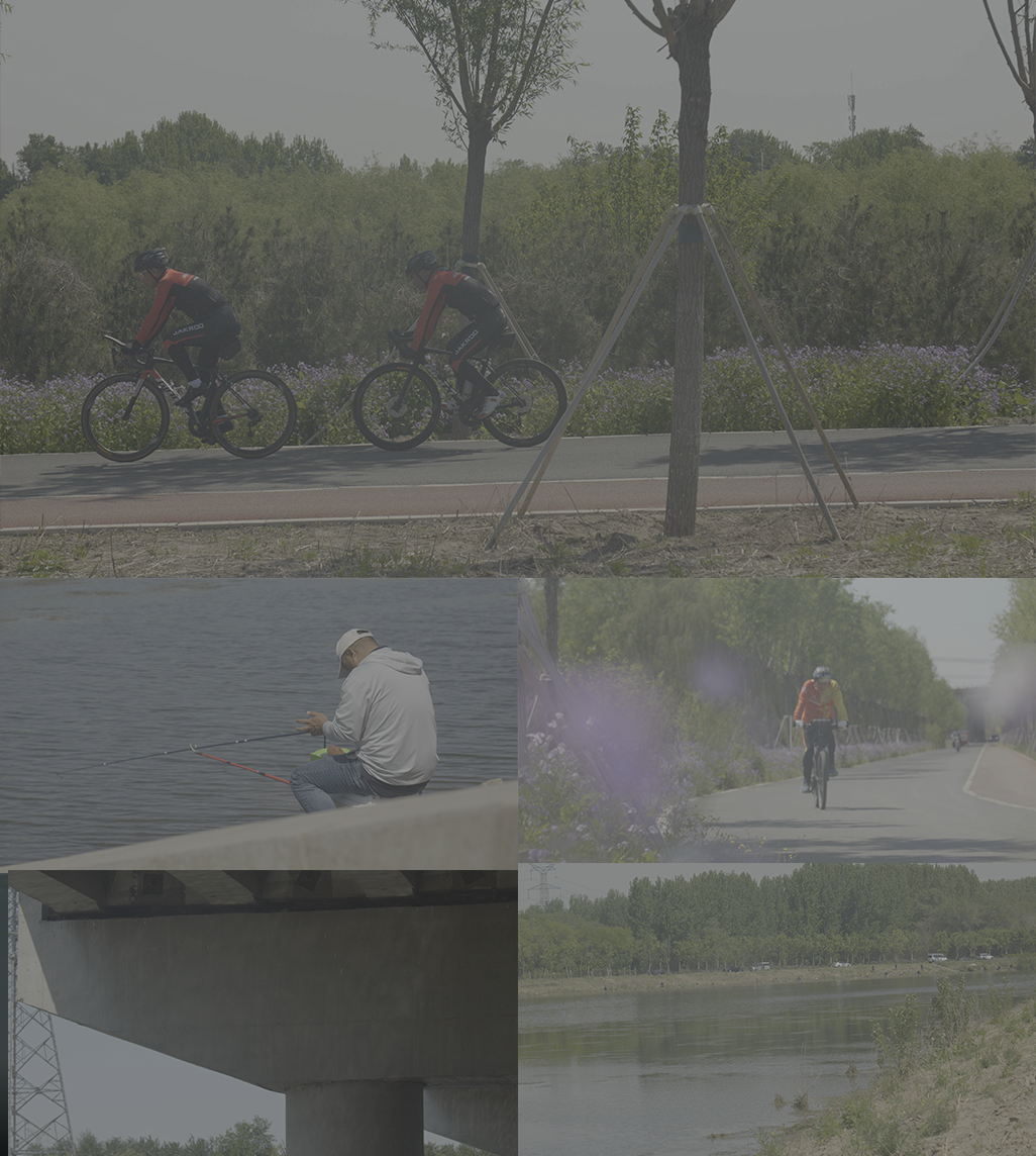 运河边的骑行者和钓鱼