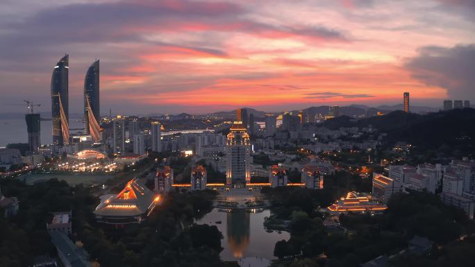 航拍厦门大学日落火烧云夜景