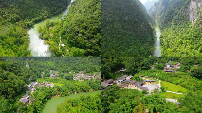 航拍绿水青山溪流河流植物河水峡谷村庄生态