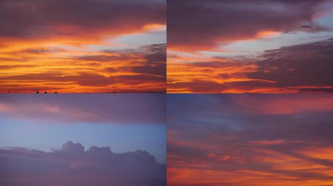 夕阳红色云层城市天空飞机
