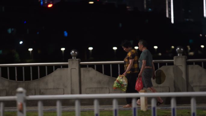 两位老人在散步城市夜景情绪