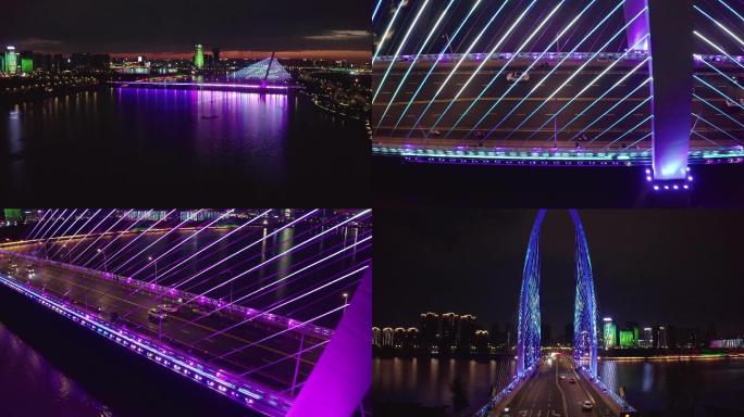 西安浐灞彩虹桥夜景航拍4K
