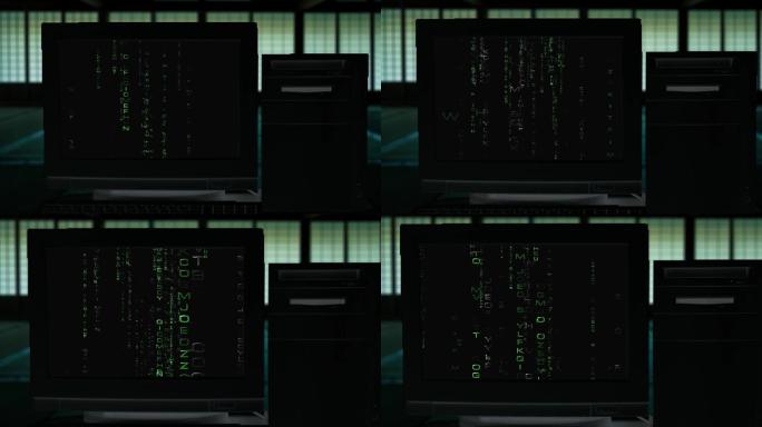 昏暗的房间电脑屏幕上显示数据矩阵