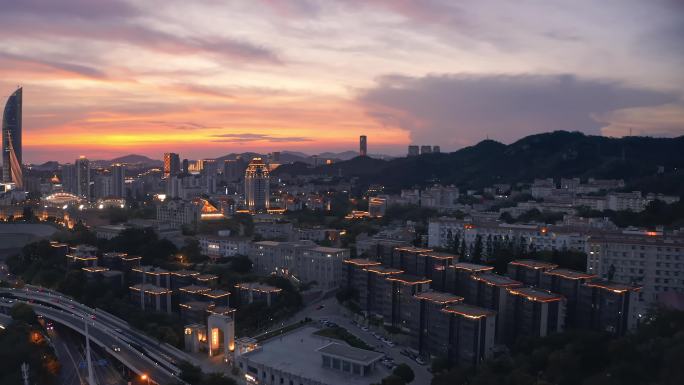 航拍厦门大学日落火烧云夜景