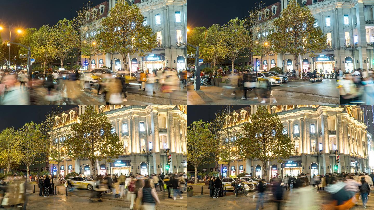 武汉江汉路夜景步行街商业街行人购物延时