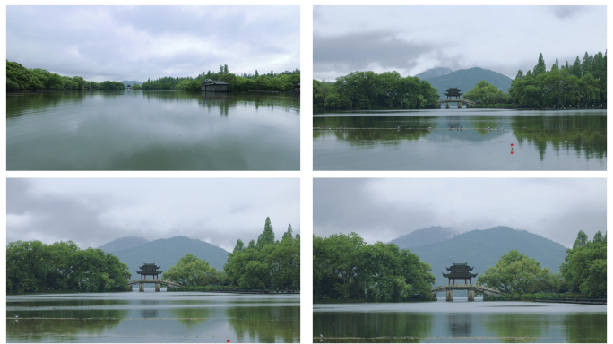 杭州江南的雨后西湖游船雷峰塔桥山水