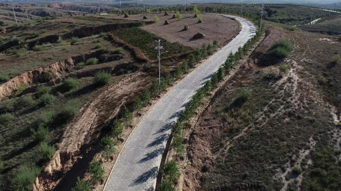 榆林矿山生态恢复陕北矿业道路绿化工程航拍