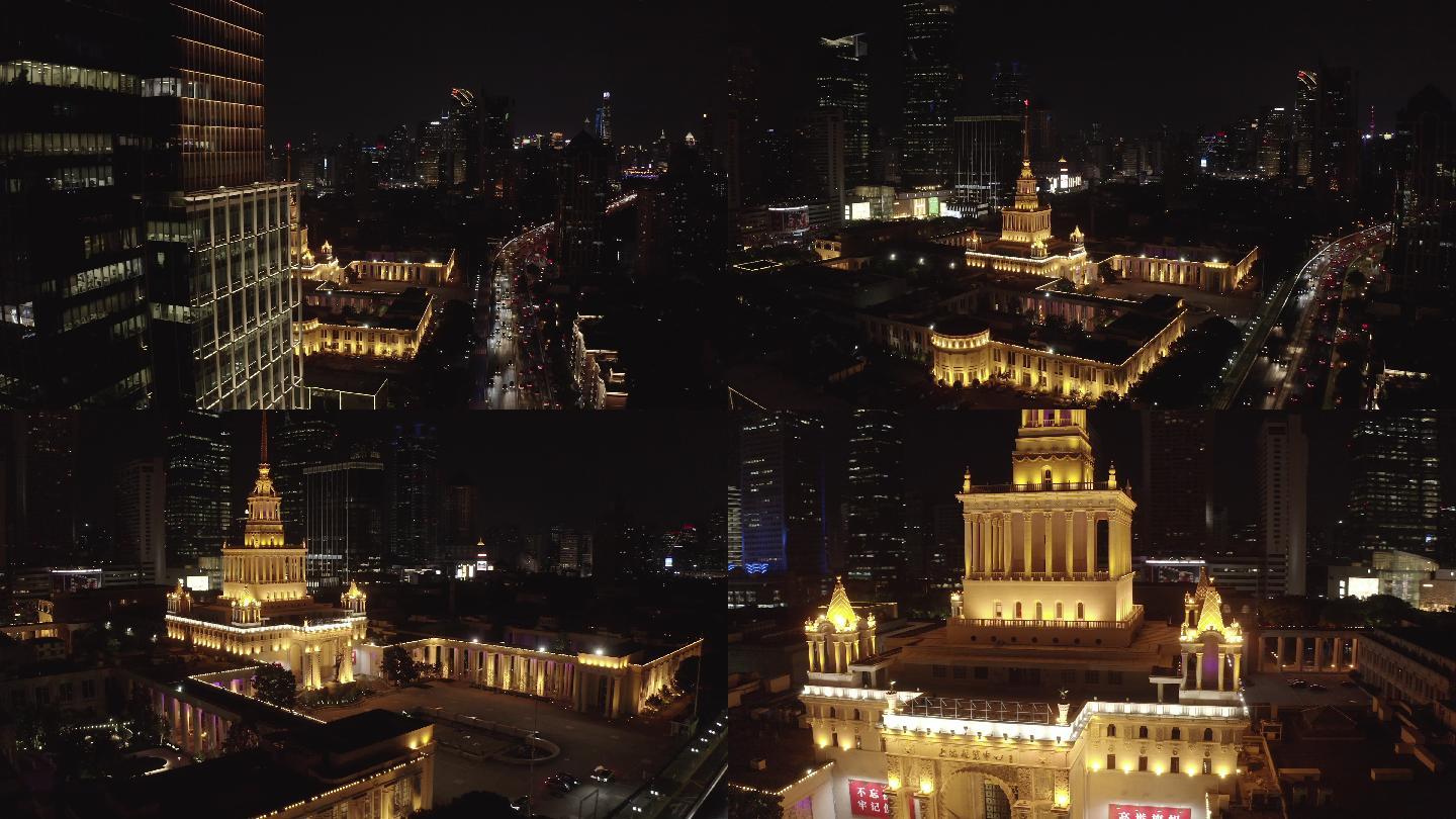 上海夜景 上海展览馆夜景4k航拍